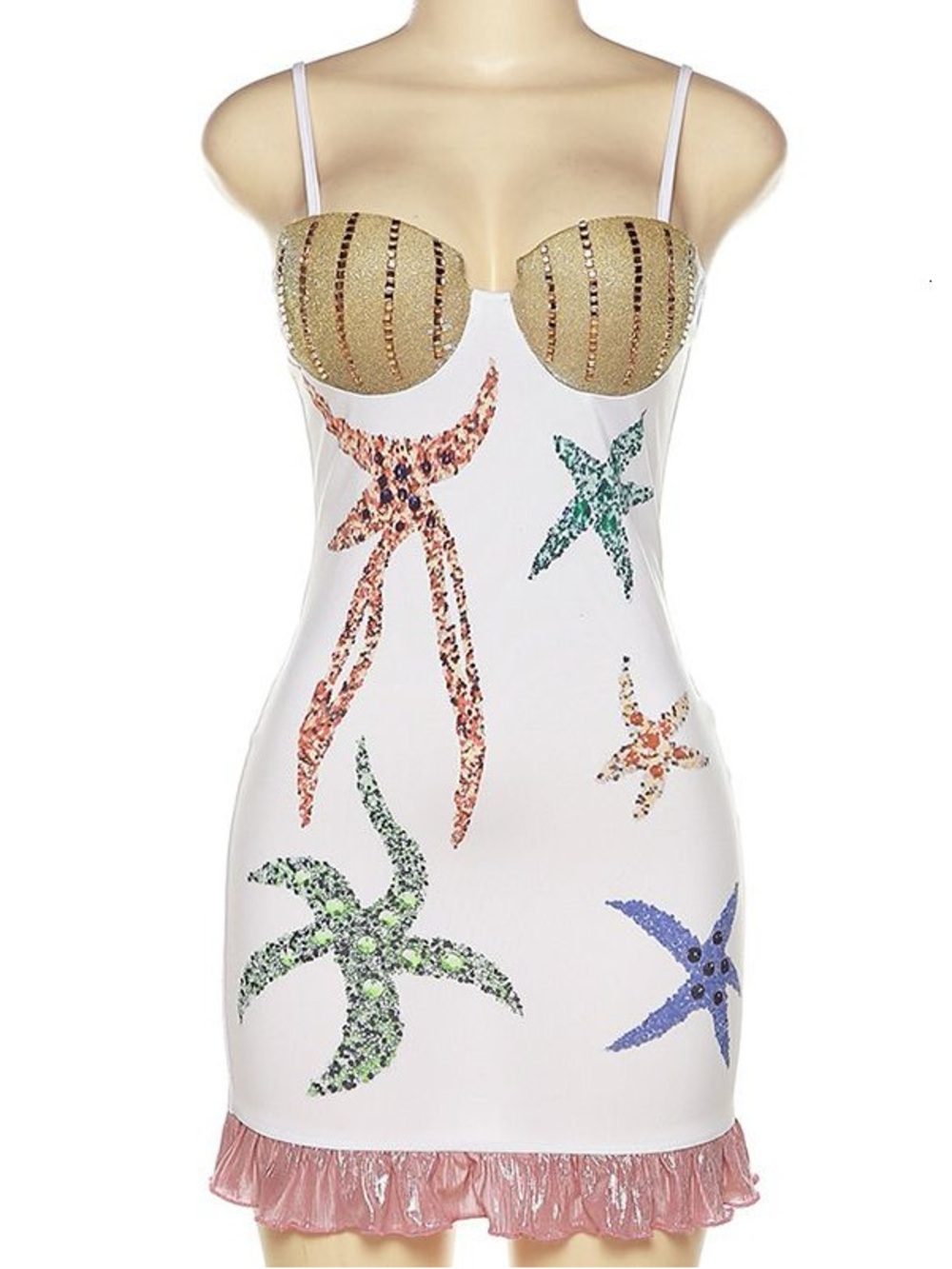 Women's White Starfish Slip Dress with Gold Cups
